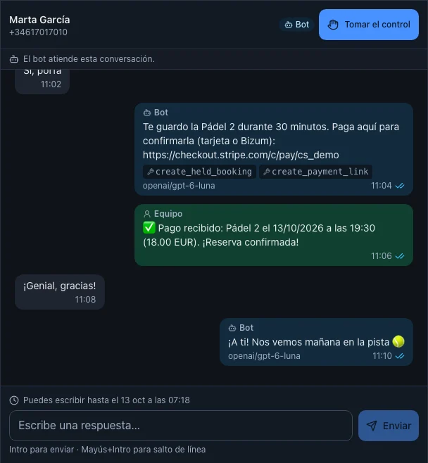 Bandeja de WhatsApp del panel: conversaciones con el asistente, herramientas usadas, pago recibido y paso al equipo