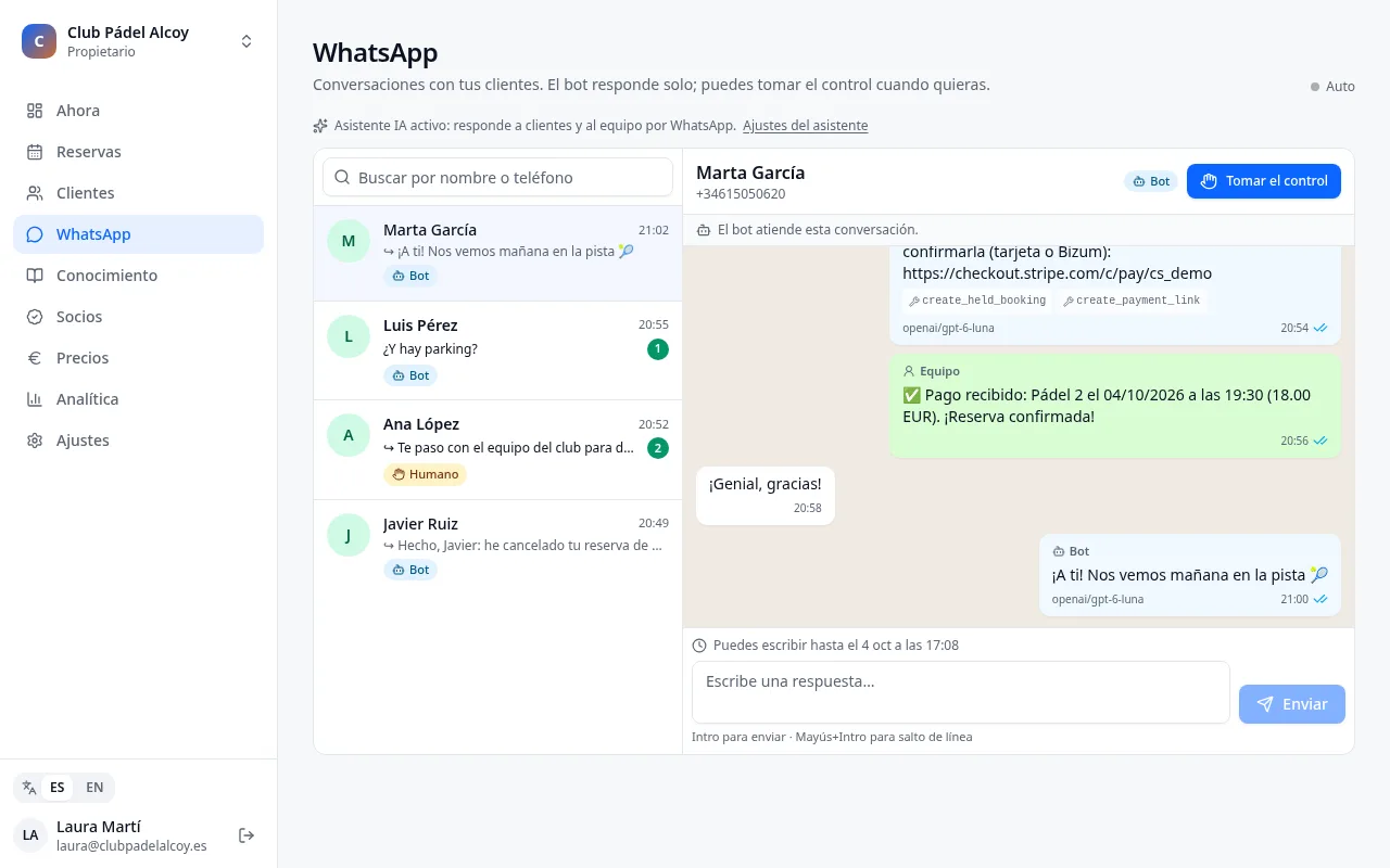Dashboard WhatsApp inbox: conversations with the assistant, tools used, payment received and handover to the team